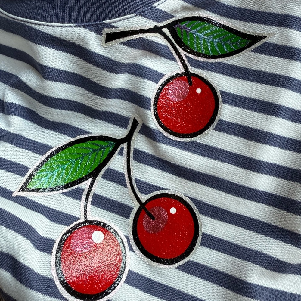 Hand-Painting NWT Muji Women's light Navy 
and White Striped T-Shirt Cherries, S